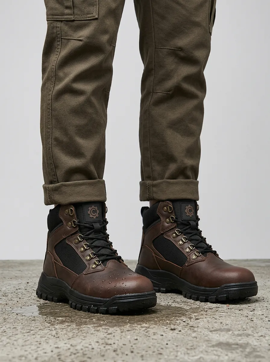 Unisex Outdoor Gear Waterproof Brown Leather Printed Work Boots