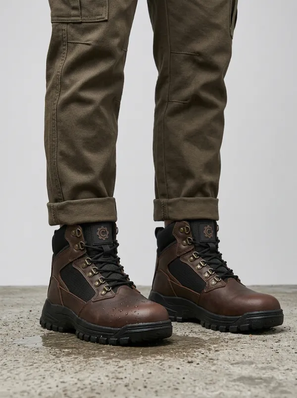 Unisex Outdoor Gear Waterproof Brown Leather Printed Work Boots