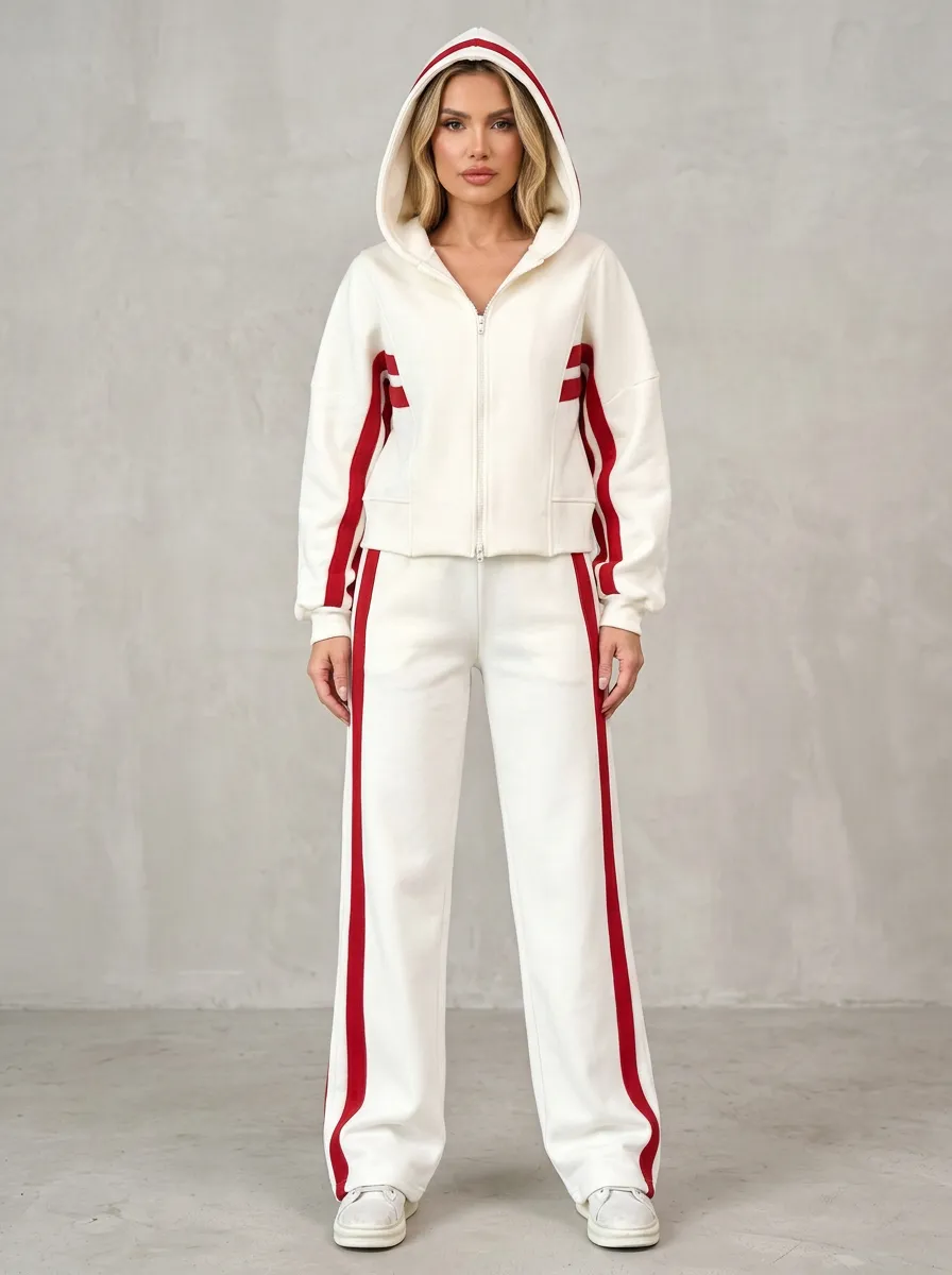 Women's Contrast-Stripe Zip-Up Hoodie & Straight-Leg Pants Set