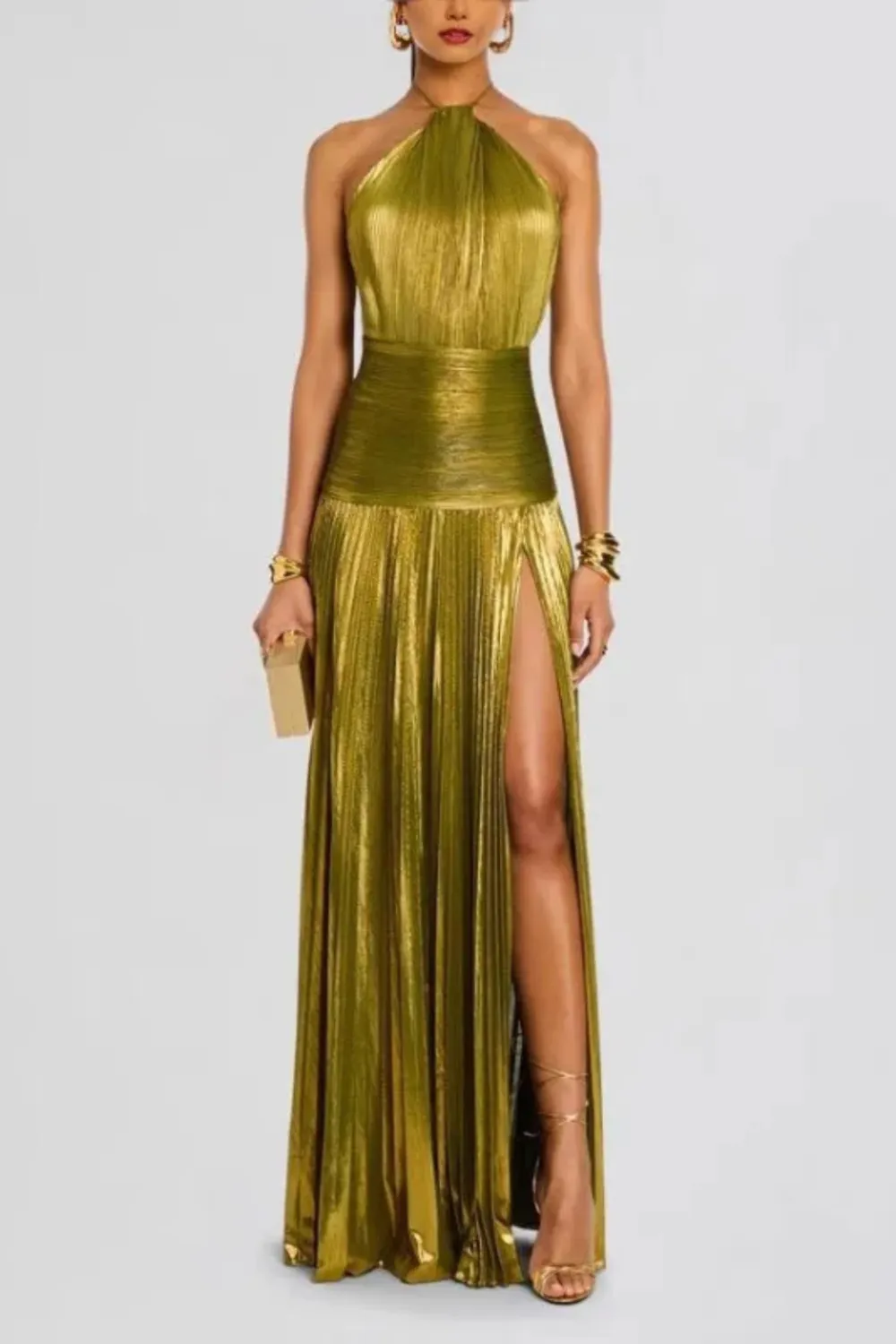  Halter Neck Pleated Satin Maxi Dress