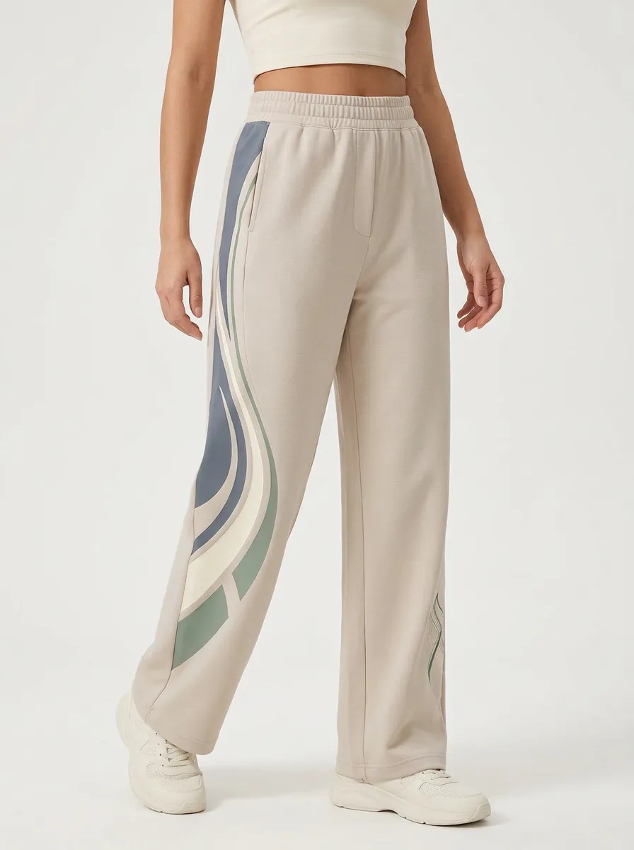 Women's Beige Abstract Print Wide-Leg Sweatpants