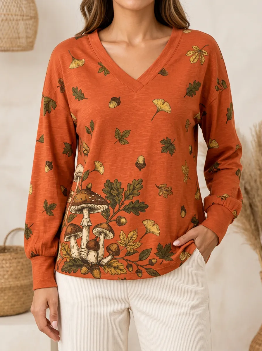 Mushroom and Fallen Leaf Autumn Graphic Long Sleeve Tee
