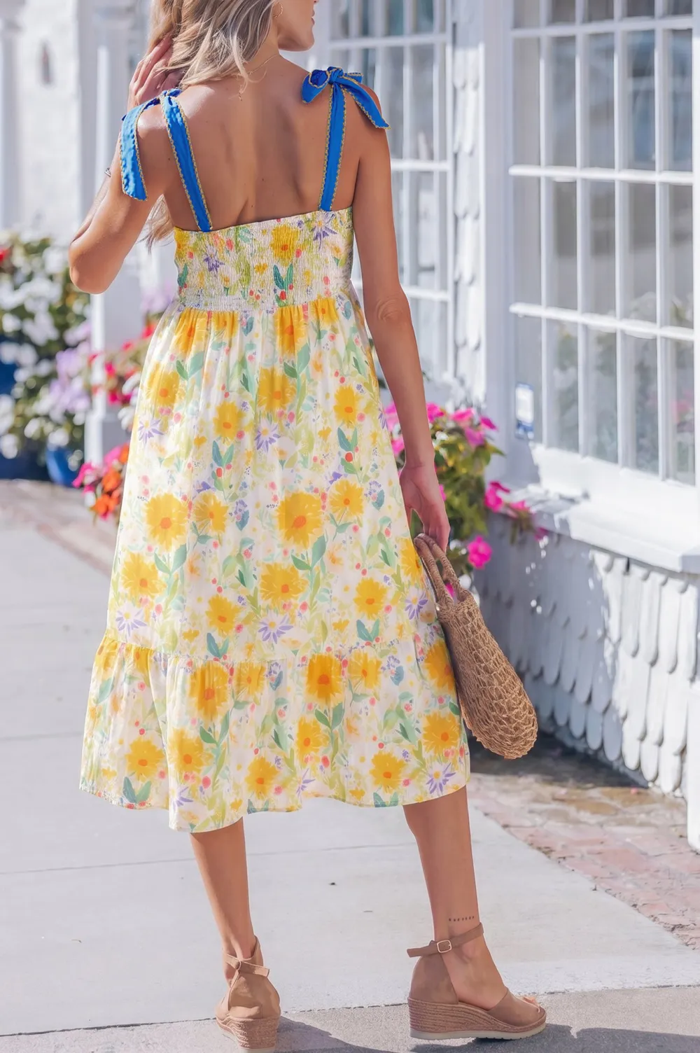 Women's Floral Print Denim High Waist Stitched Detail Dress