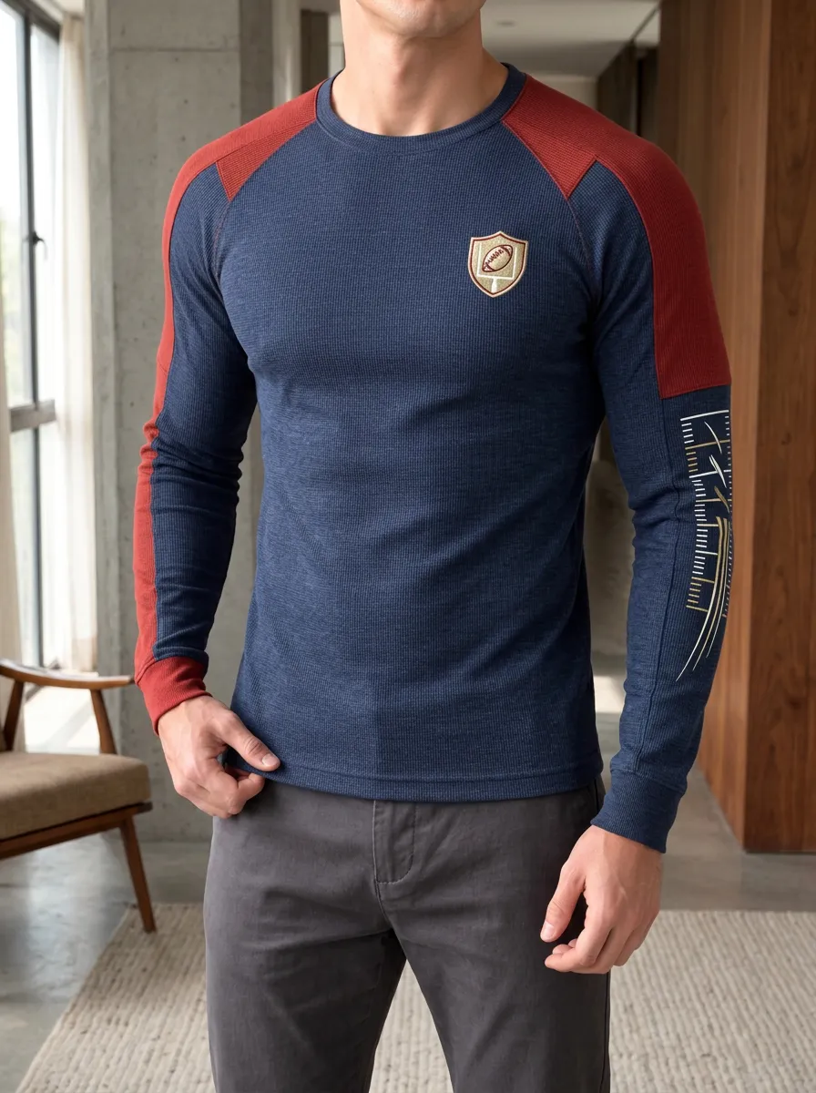 Men's American Football Shield Logo Printed Raglan Long Sleeve Top
