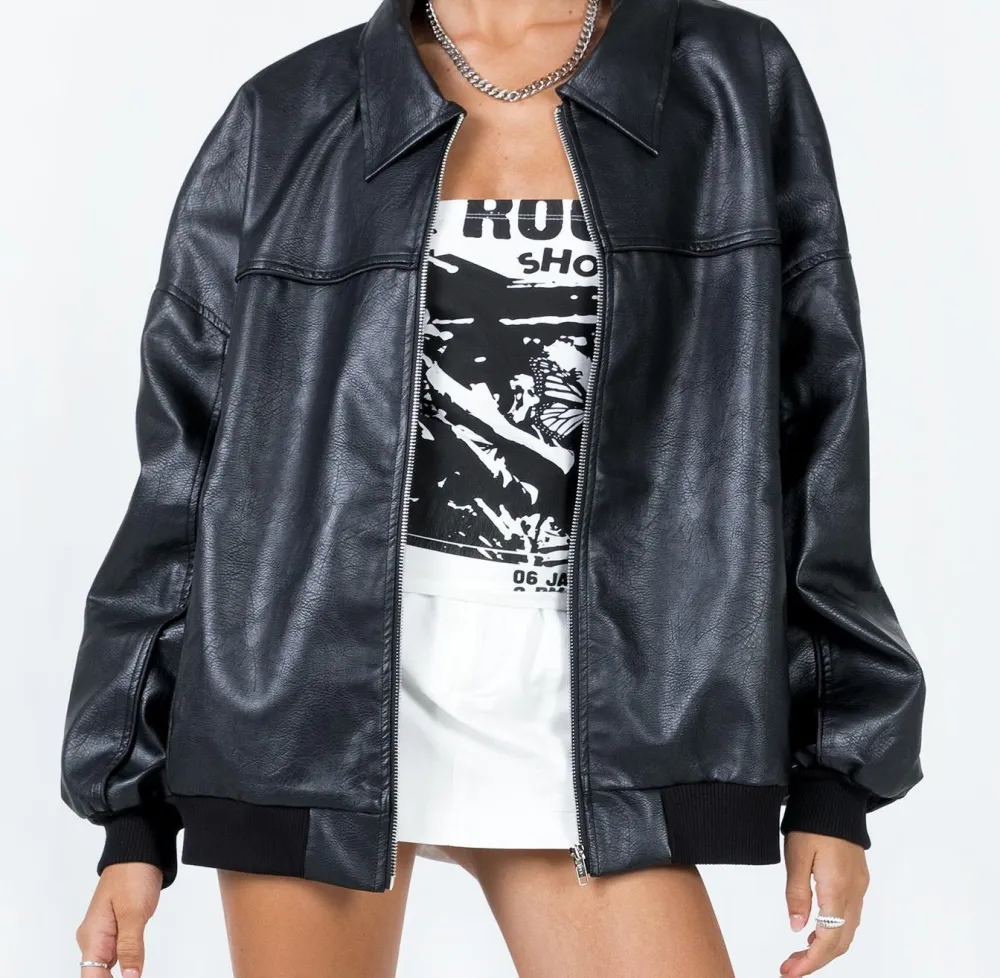 Black Faux Leather Oversized Bomber Jacket