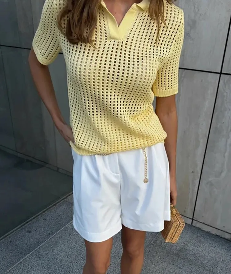 Hollow-Out Knit Polo Blouse