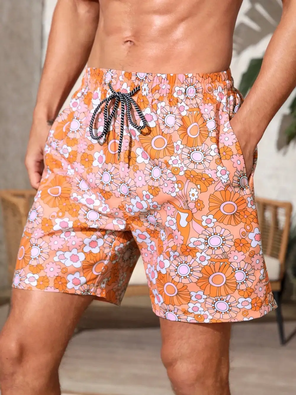 Men's Drawstring Floral Pocket Beach Shorts