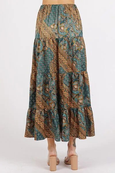 Flowing Paisley Patchwork Print Satin Maxi Skirt