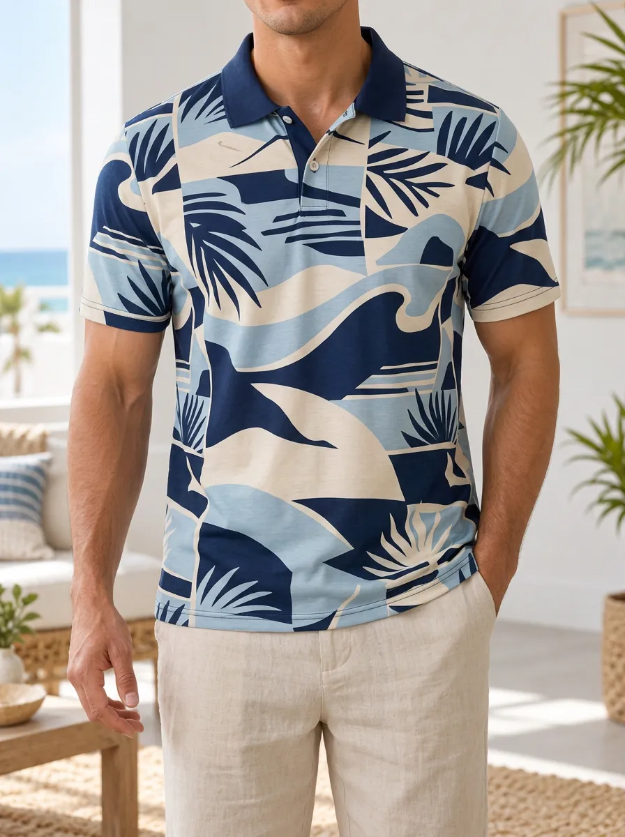 Men's Tropical Beach Ocean Wave Palm Leaf Printed Polo Shirt