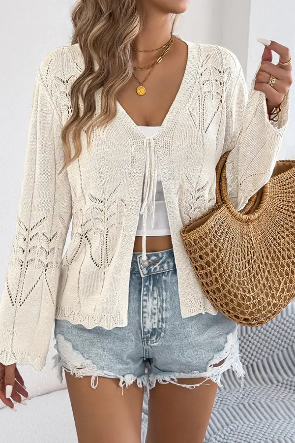 Casual Solid Color Hollow V Neck Cardign