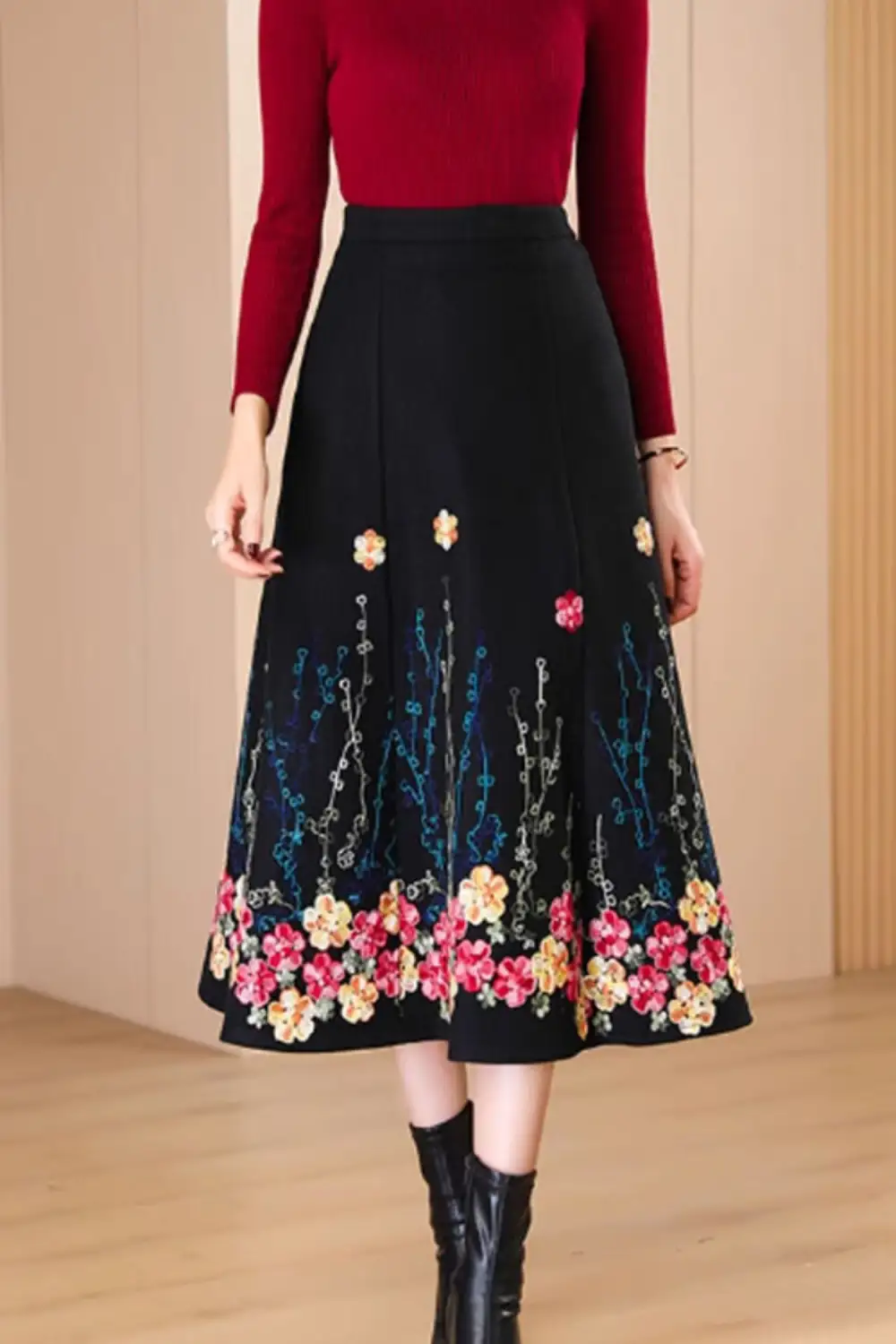 Refined Floral Wool Blend A Line Elastic Waist Midi Skirt