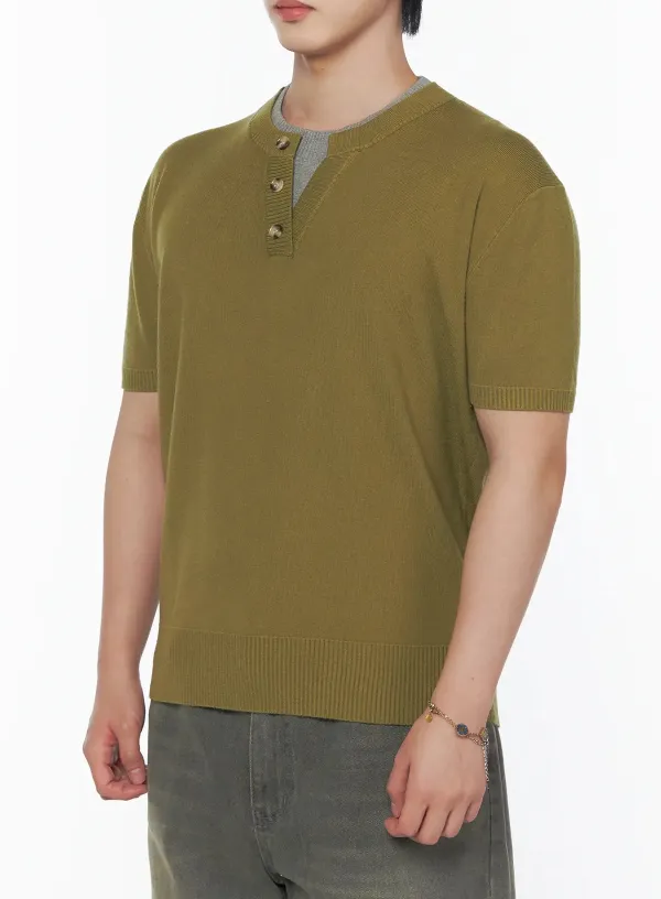 Men's Layered Henley Neck Knit Tee