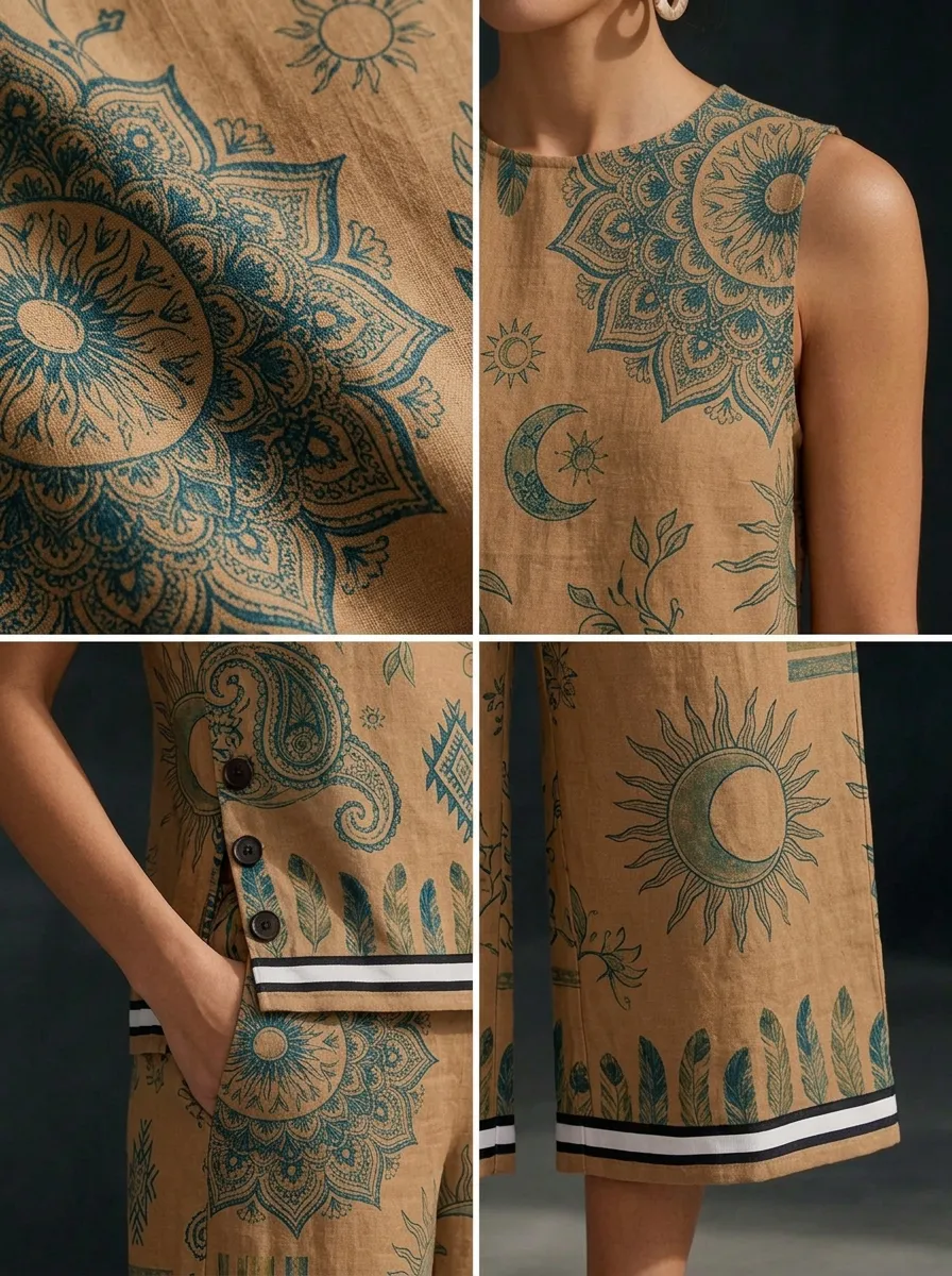 Women's Boho Celestial Sun Moon Paisley Printed Sleeveless Set