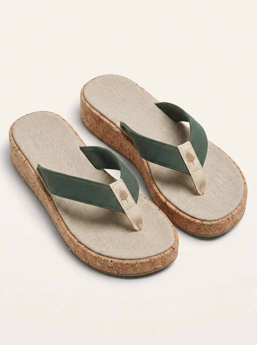 Women's Summer Beach Leaf Pattern Printed Cork Platform Flip Flops