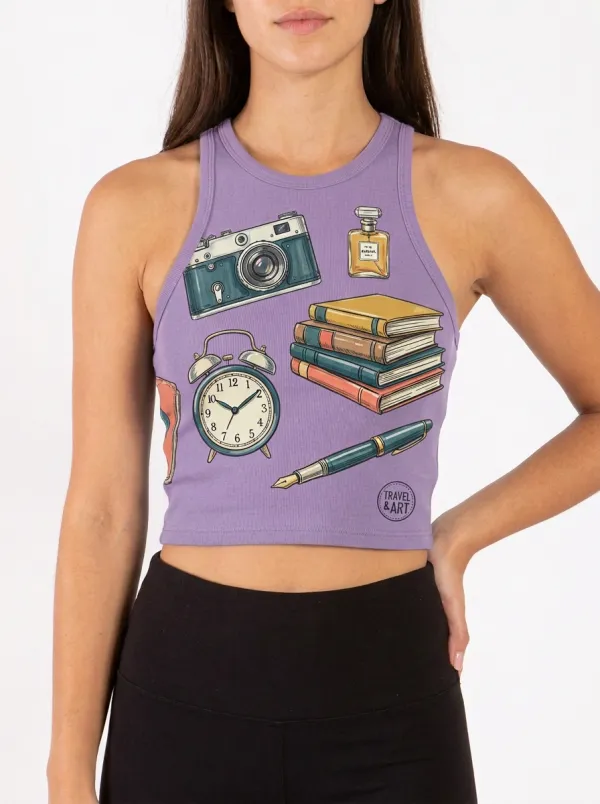 Women's Vintage Hobby Lover Camera Books Clock Printed Crop Top