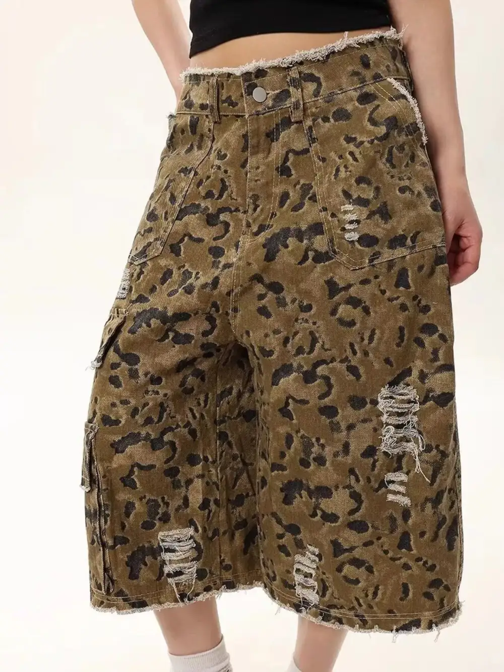 Full Size Distressed Camo Print Denim Shorts