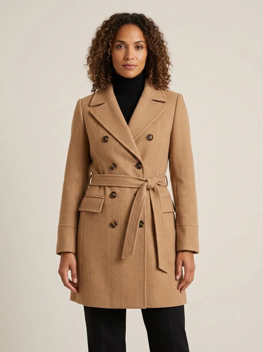 Women's Classic Camel Herringbone Double-Breasted Belted Coat