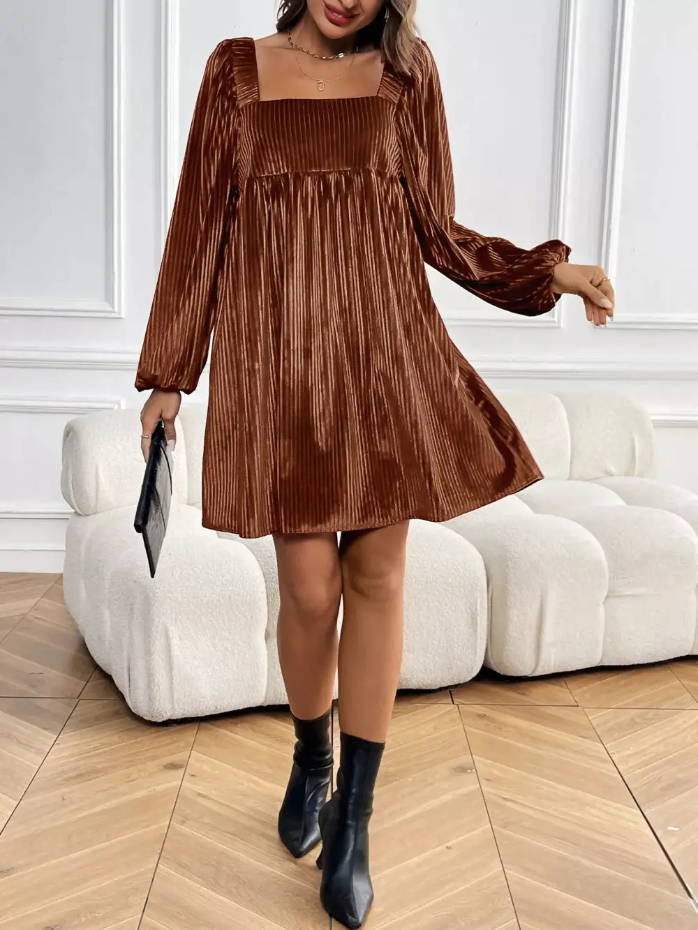 Soft Touch Velvet Square Neck Long Sleeve Dress