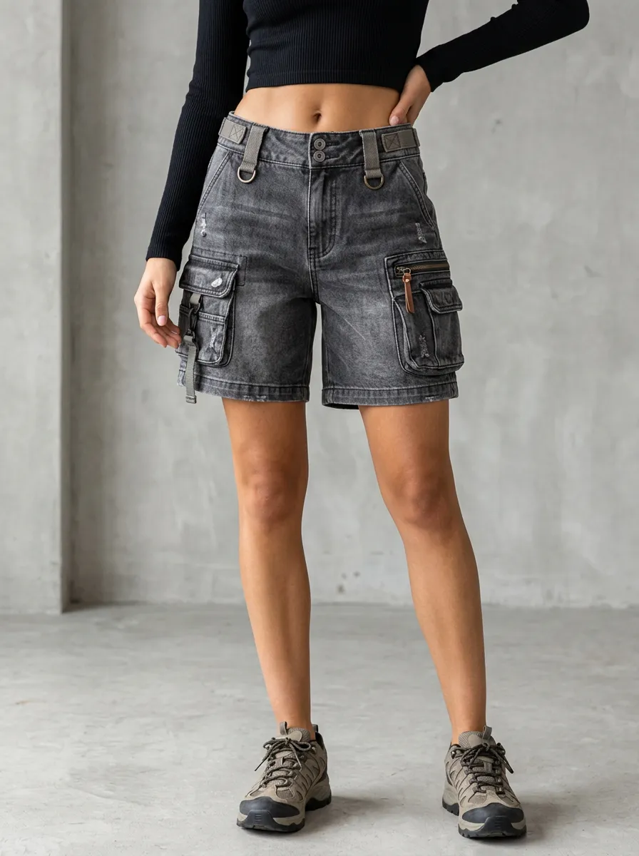 Women's Streetwear Washed Grey Multi-Pocket Cargo Shorts