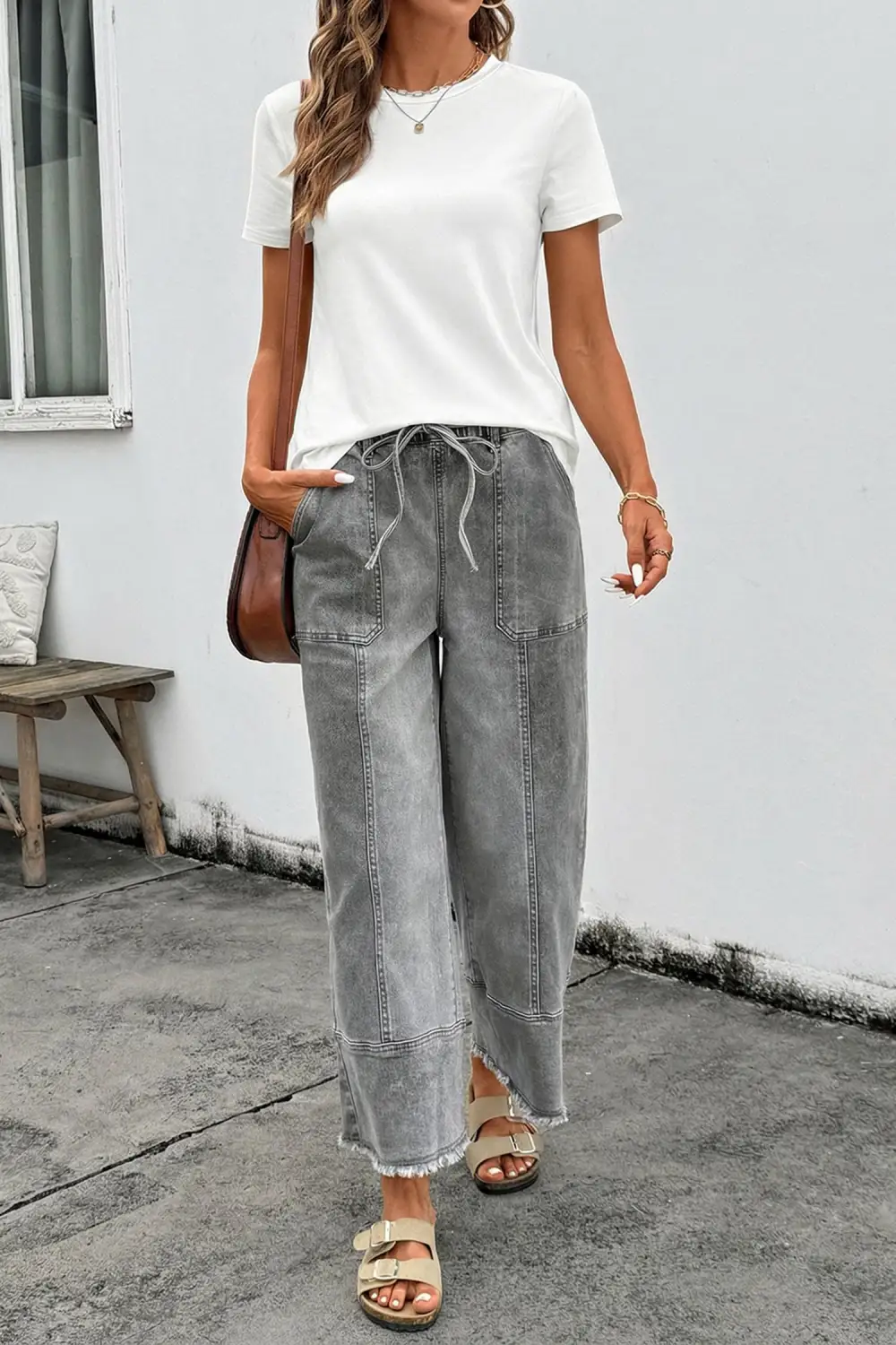 Women's Raw Hem Wide Leg Denim Pants With Drawstring Detail