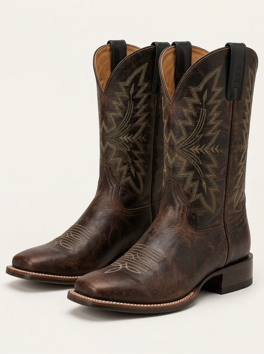 Men's Red Leather Cowboy Boots with Textured Accents