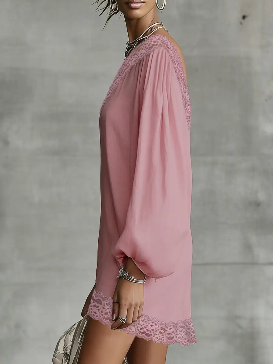 Long Sleeve Relaxed Solid Color Split Joint One Shoulder Mini Dress