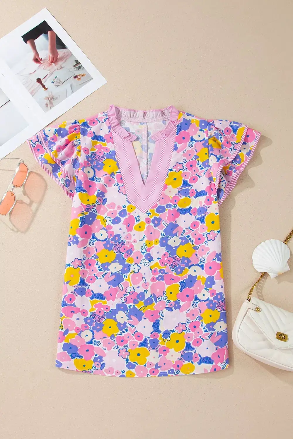 Floral Print Striped Color Block Patchwork V-Neck Flutter Sleeve Blouse