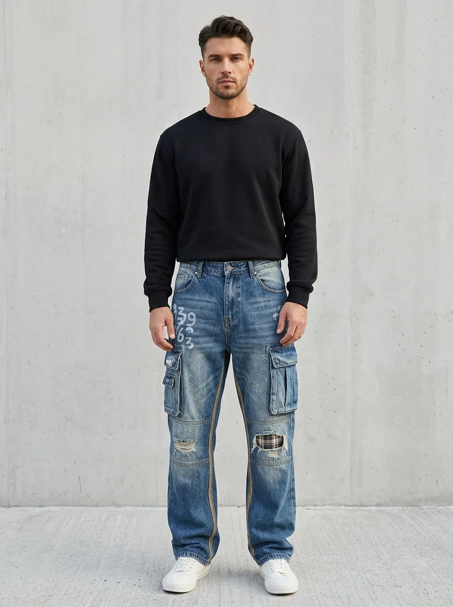 Men's Streetwear Number Printed Distressed Plaid Patchwork Cargo Jeans