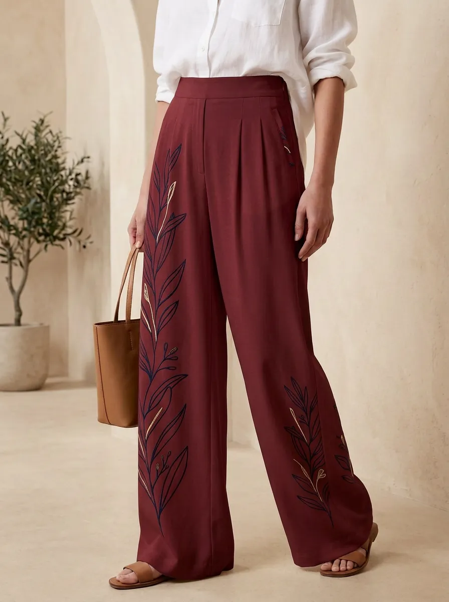 Women's Botanical Floral Leaf Patterned High-Waisted Wide-Leg Trousers