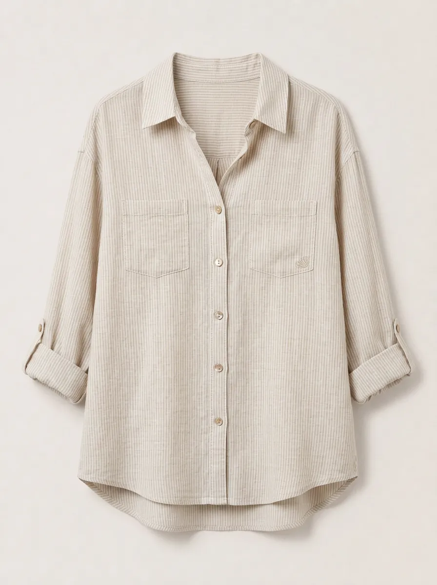 Women's Casual Beige Striped Cotton Linen Button Down Shirt