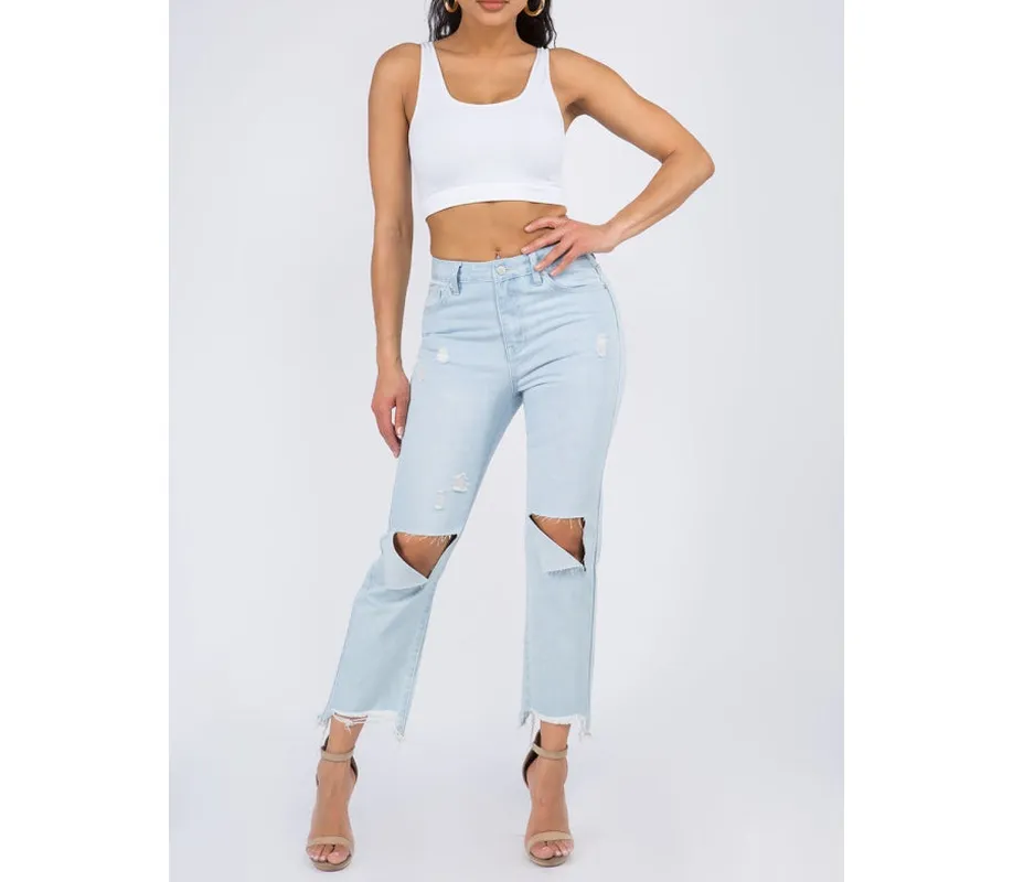 High-Waist Distressed Raw-Hem Jeans