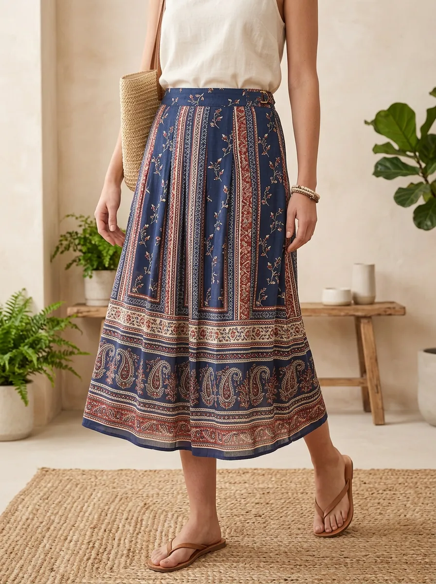 Women's Print Midi Skirt With Side Buckle