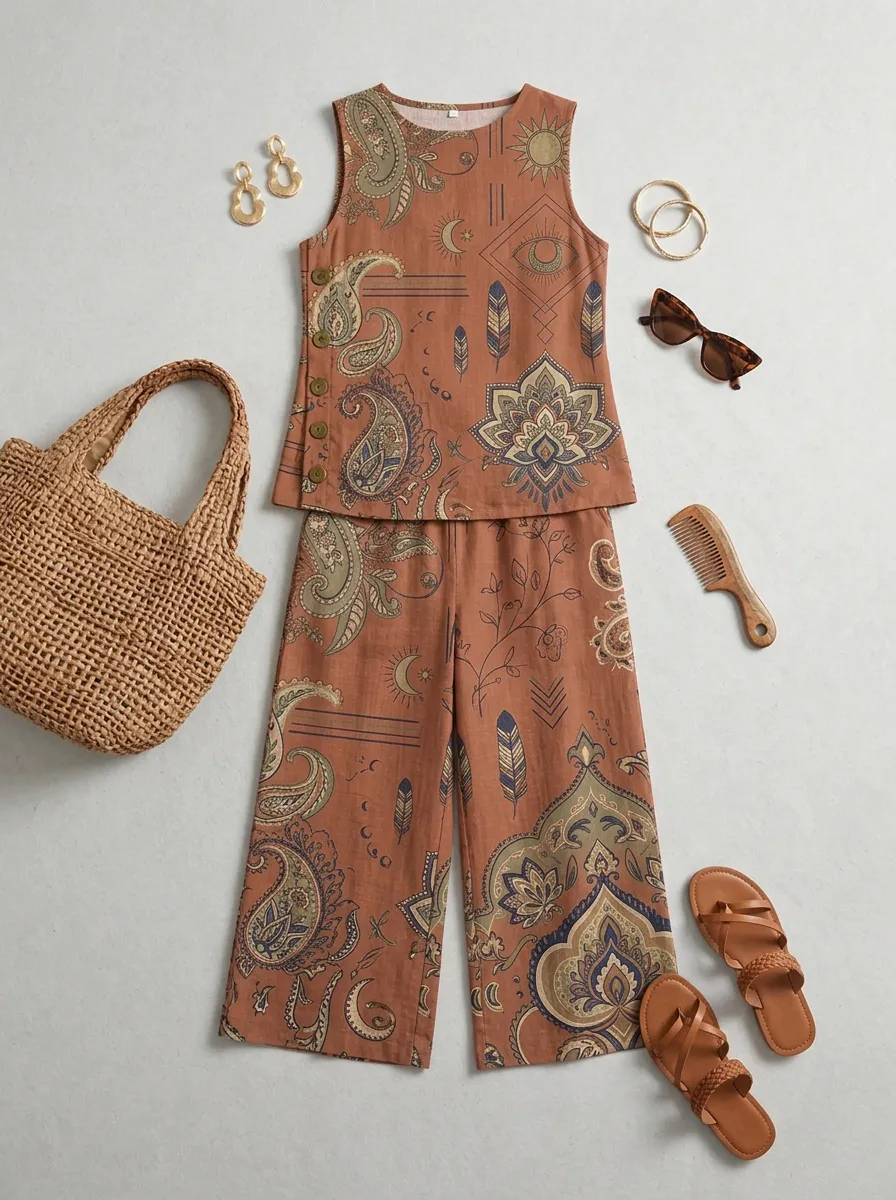 Women's Boho Paisley Mandala Printed Sleeveless Set