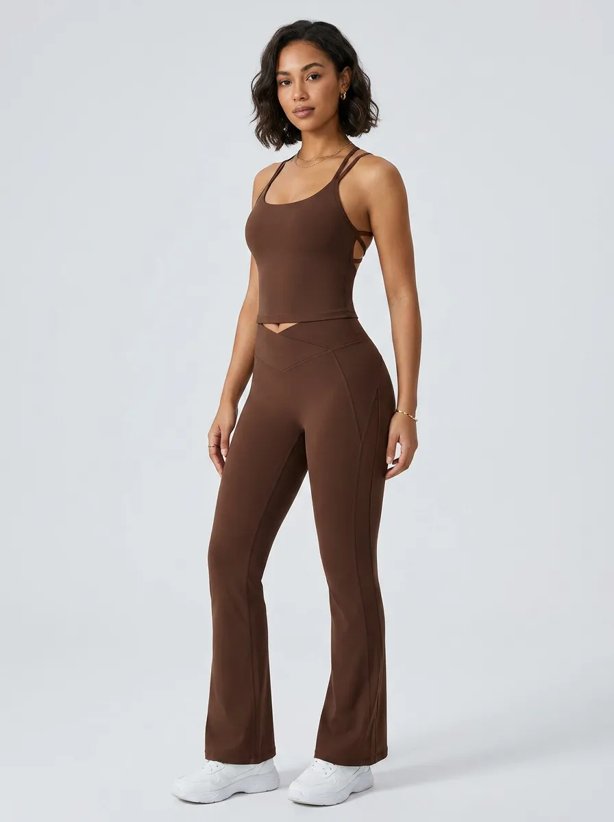 Women's Yoga Fitness Brown Crisscross Back Flared Leggings Set