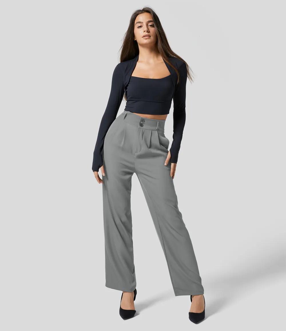 High Waisted Button Zipper Plicated Side Pocket Shirred Straight Leg Work Pants