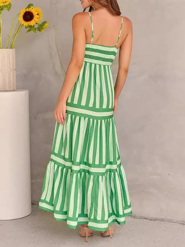Striped Pleated Sleeveless Neck Maxi Dress