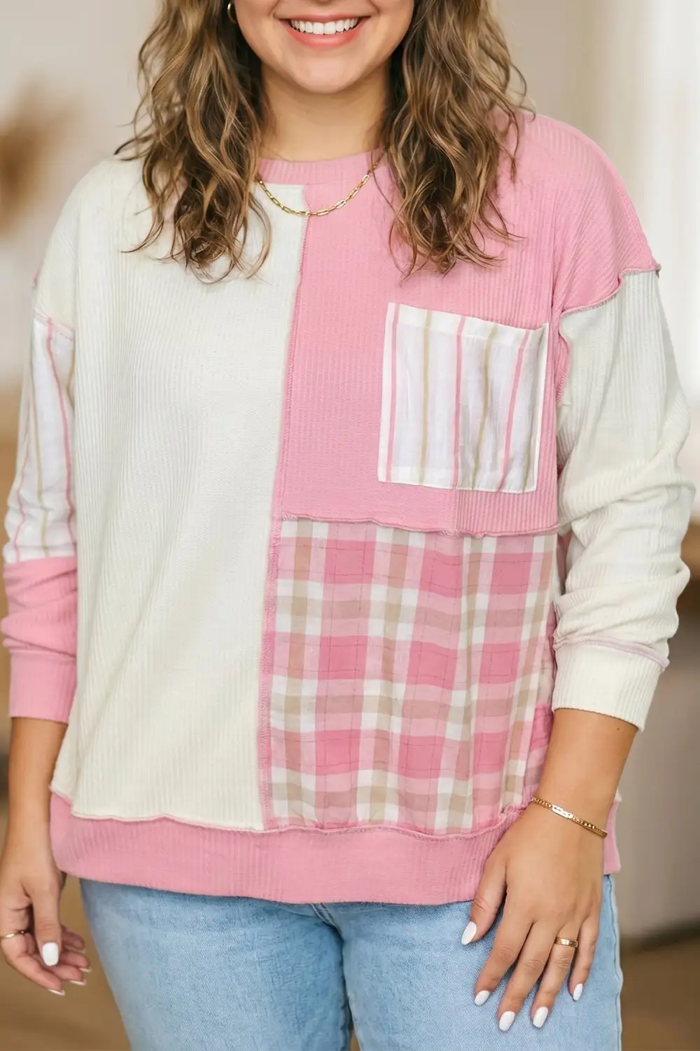 Women's Plaid Colorblock Long Sleeve Top