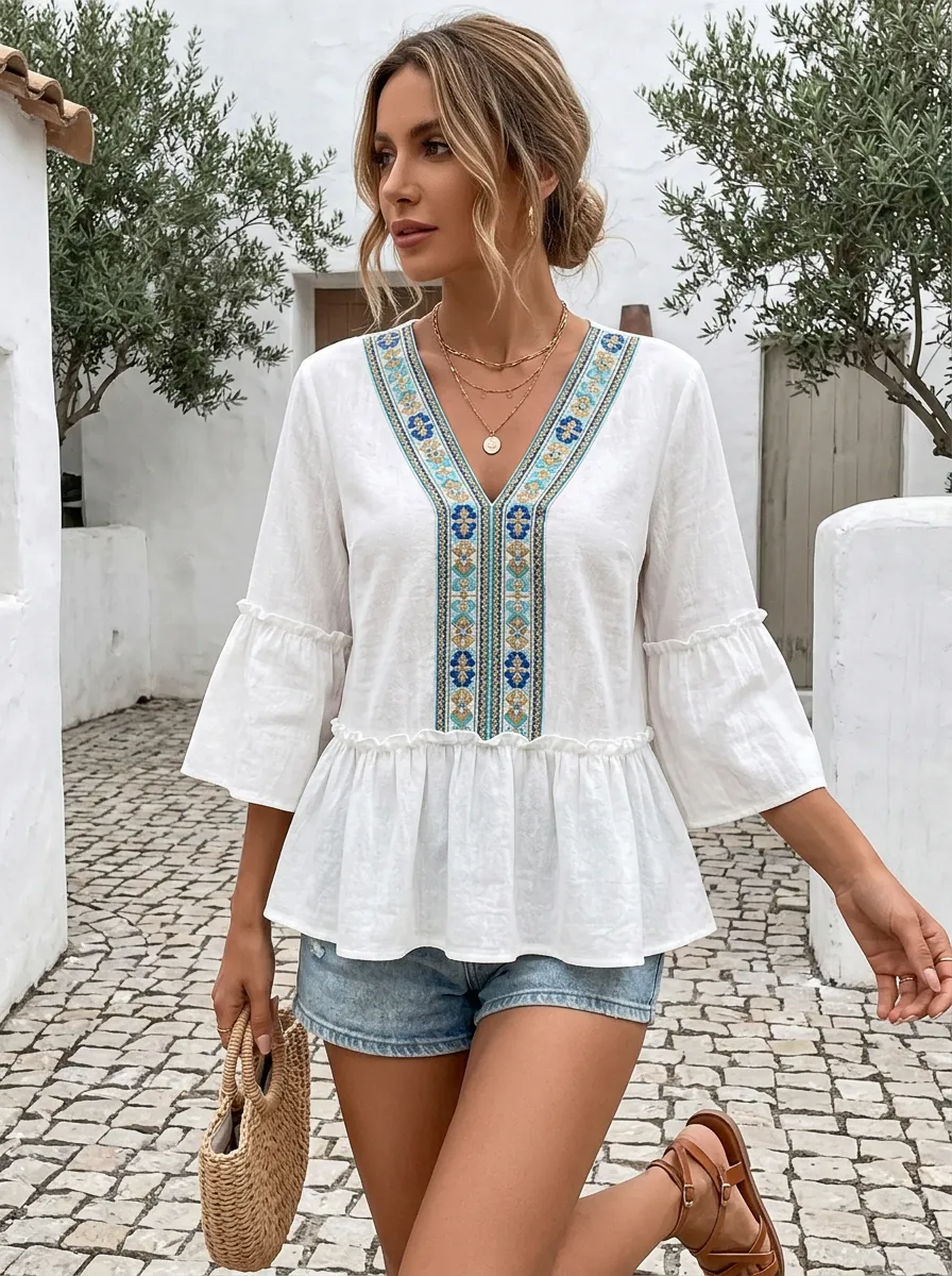 Boho Floral Embroidery Printed Peplum Top