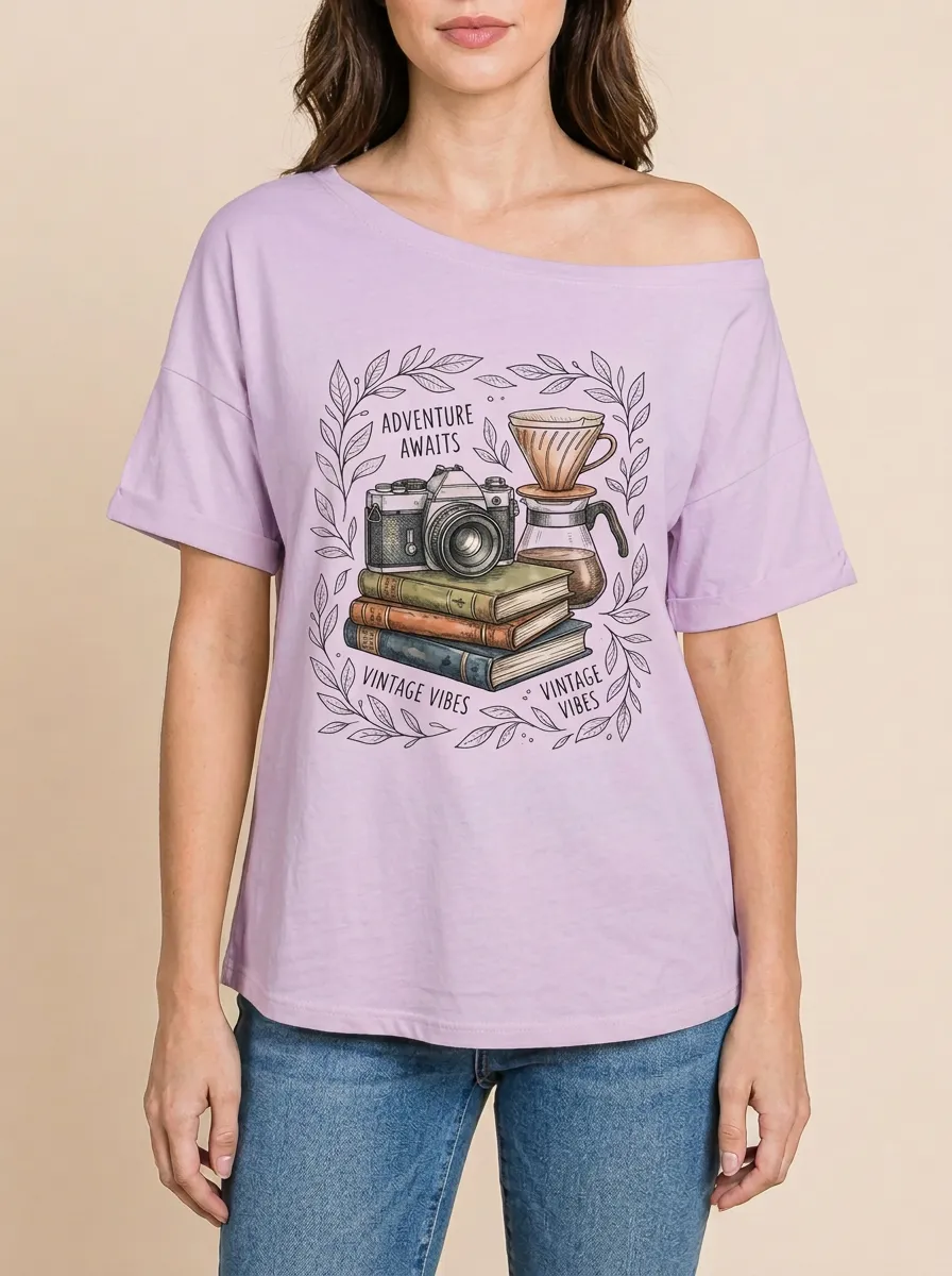 Women's Adventure Coffee Camera Books Graphic T-Shirt