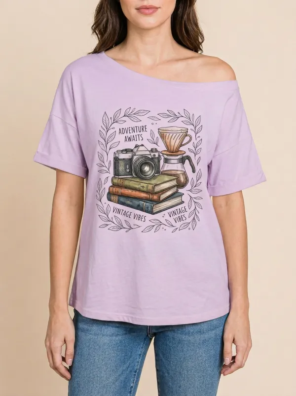 Women's Adventure Coffee Camera Books Graphic T-Shirt