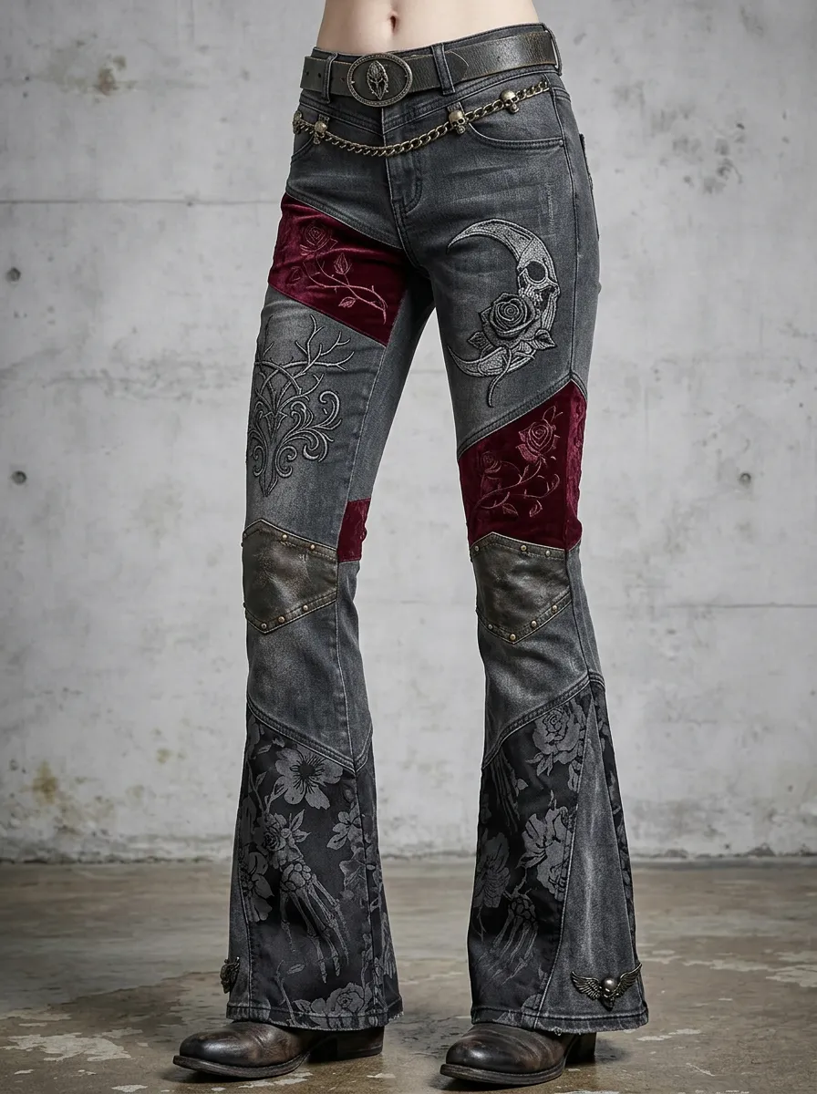 Dark Skull Rose Moon Finish Women's Gothic Flare Pants