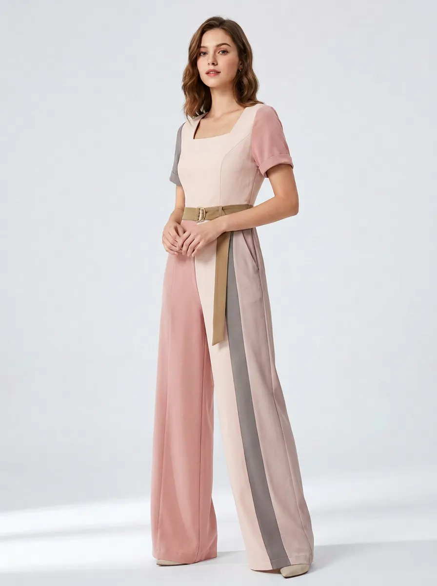 Women's Colorblock Belted Wide Leg Jumpsuit