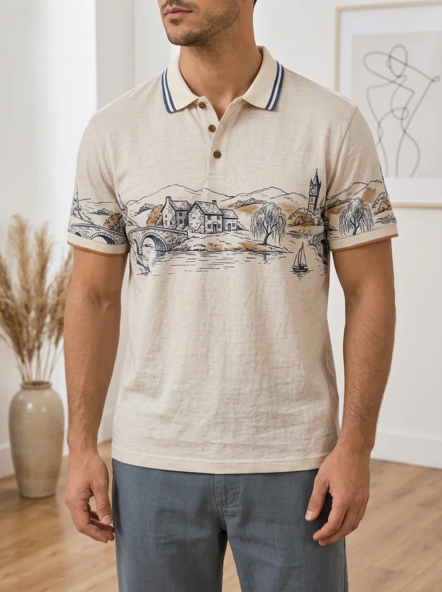 Men's Vintage Landscape Village Printed Polo Shirt Weekend Casual Style