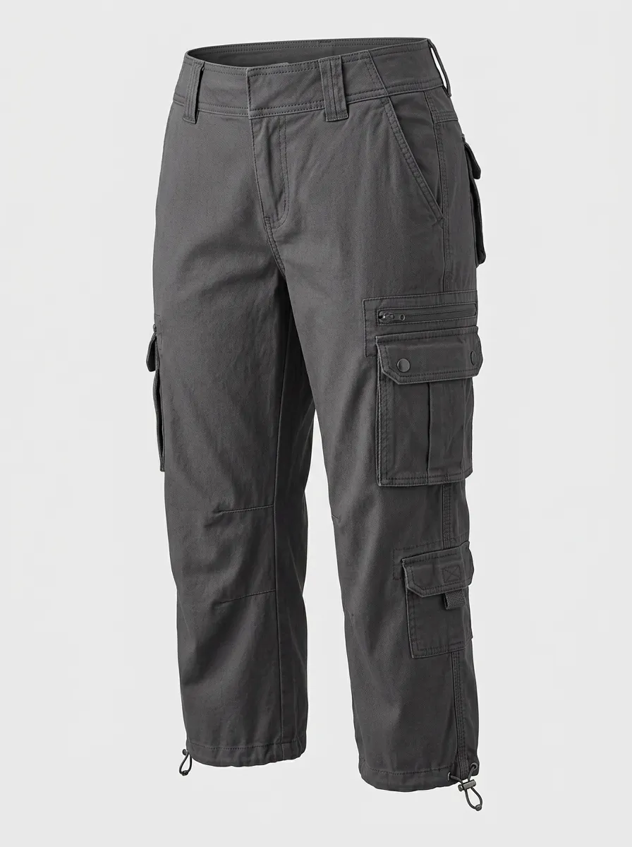 Women's Multi Pocket Mid Rise Drawstring Relaxed Fit Capri Cargo Pants