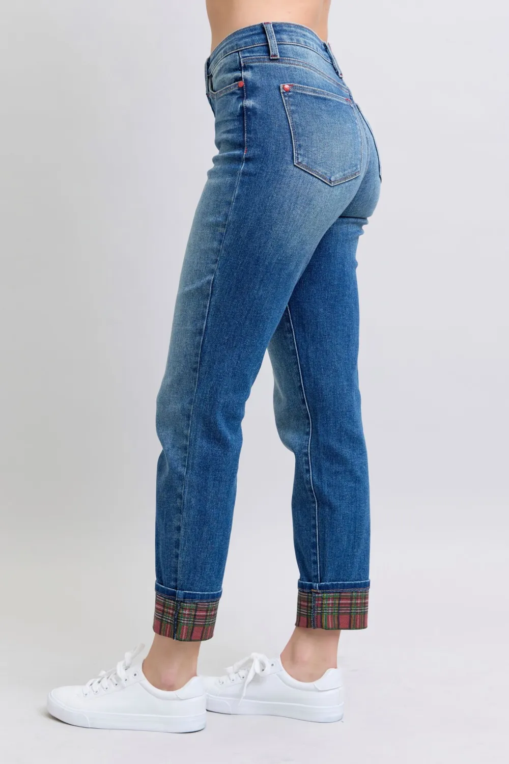 Plaid Print Cuff Straight Leg Pocket Denim Jeans
