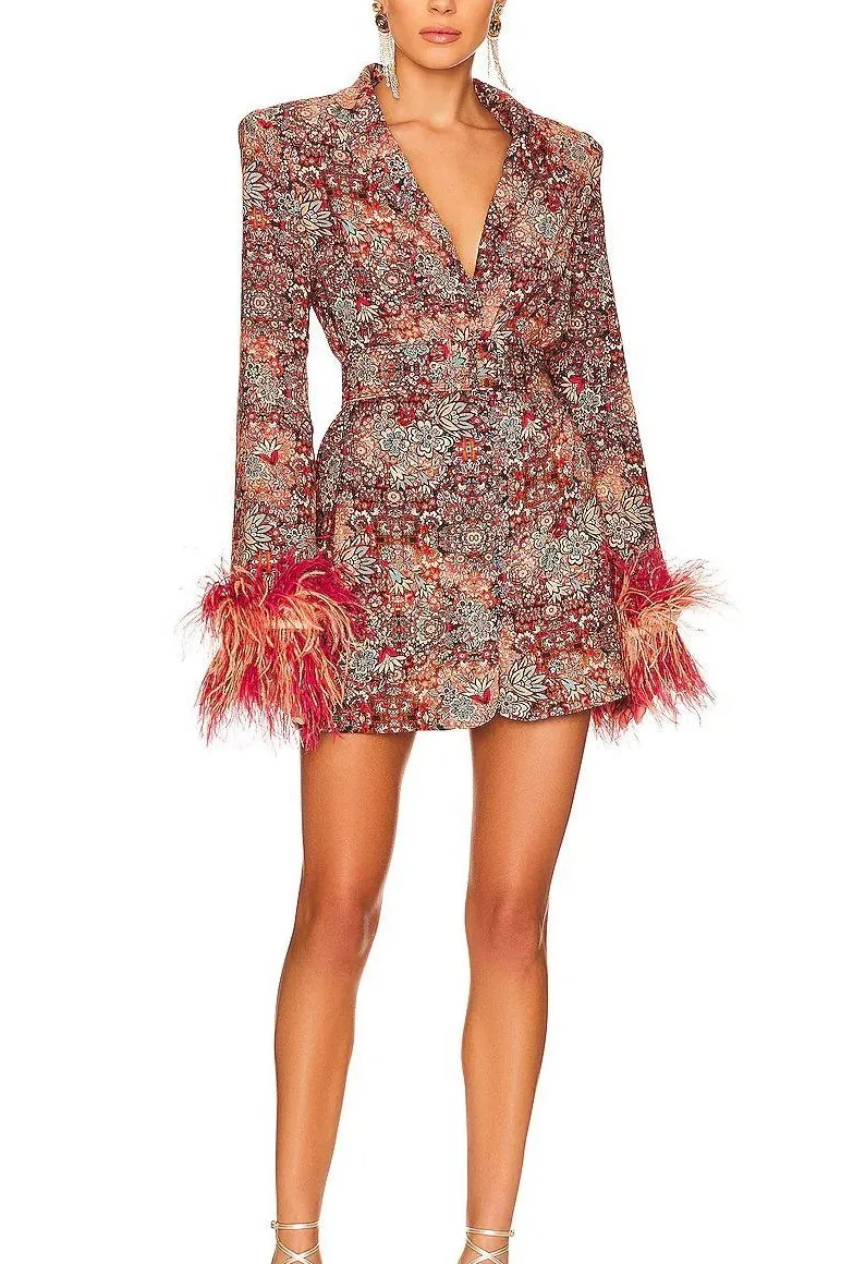 Feather Printed Belted Mini Dress