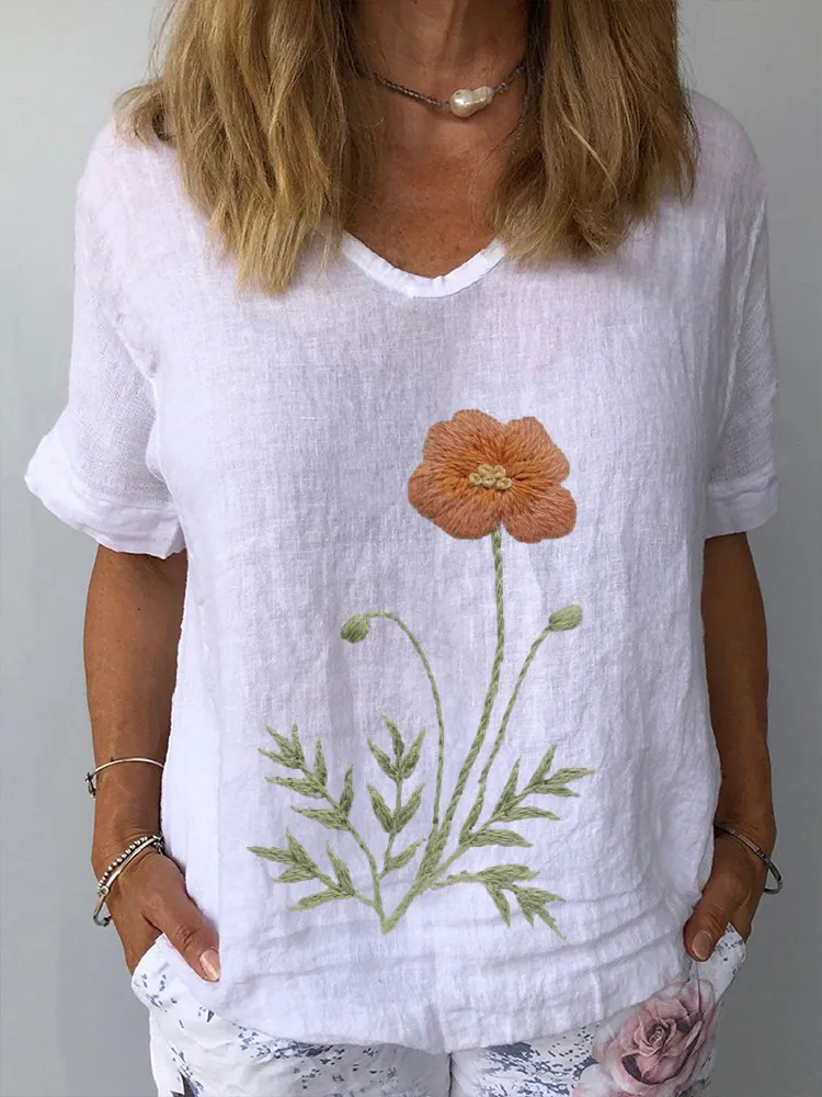Floral Design V-Neck Short-Sleeved T-Shirts