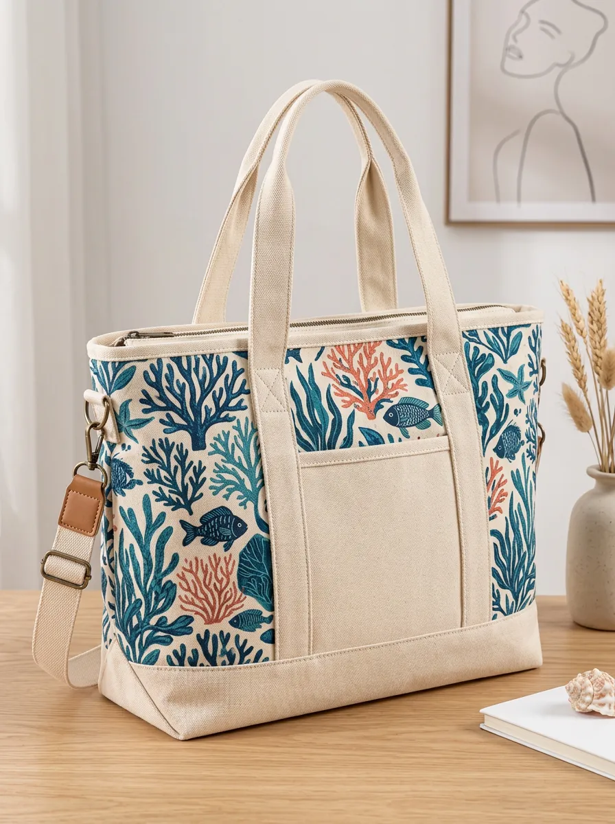 Women's Ocean Reef Printed Canvas Shoulder Tote Bag