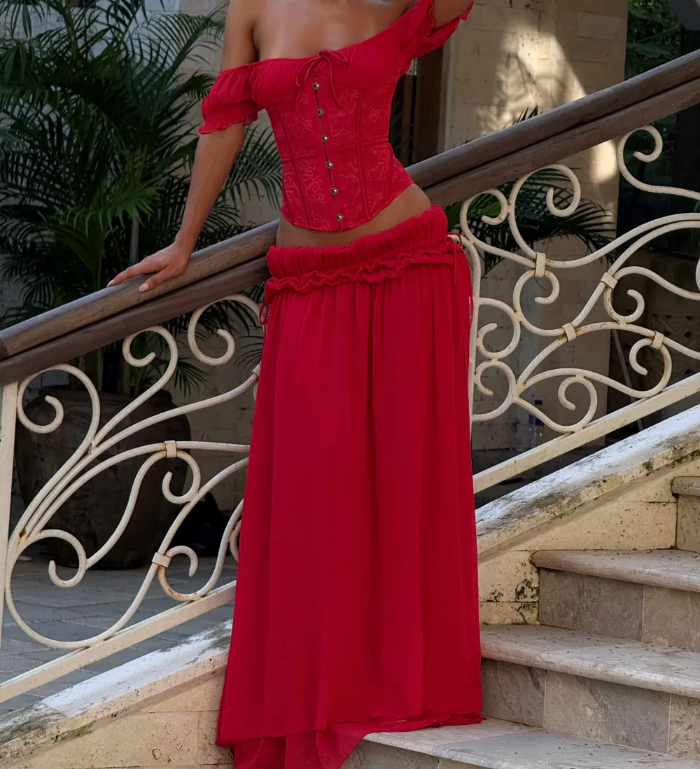 Red Ruched Chiffon Maxi Skirt