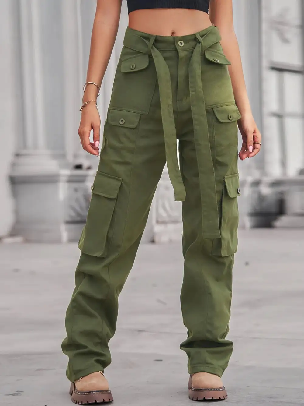 High Waist Cargo Pocketed Denim Jeans